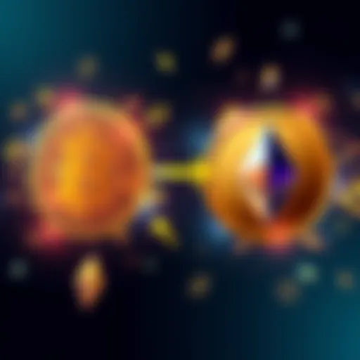 An illustration showing the conversion of Bitcoin to Ethereum with symbols of both cryptocurrencies and arrows indicating a swap.