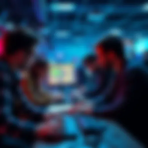 A group of BTech students collaborating on a project during a hackathon event, sharing ideas and coding together.