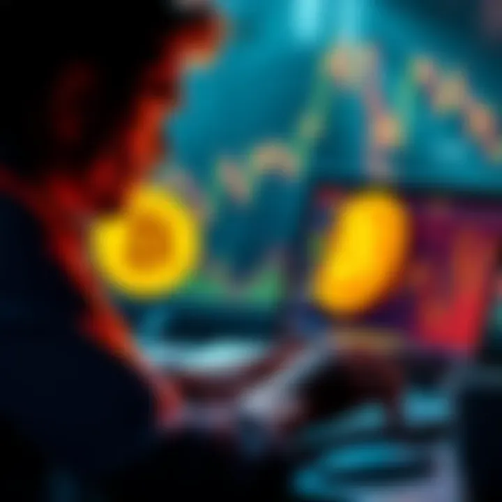 A person analyzing Bitcoin price charts on a laptop, contemplating bulk purchases during price drops.
