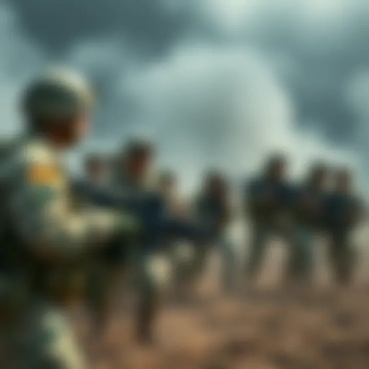 A group of soldiers training together, showcasing teamwork and strategy in a military setting.
