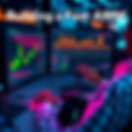 A person working on a computer, exploring coding options for an Automated Market Maker project inspired by Uniswap, with charts and graphs displayed on the screen.