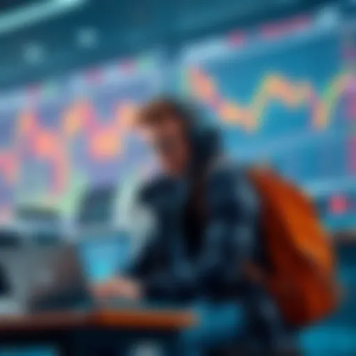 A bullish backpack trader examining market data on a laptop with trading charts in the background.