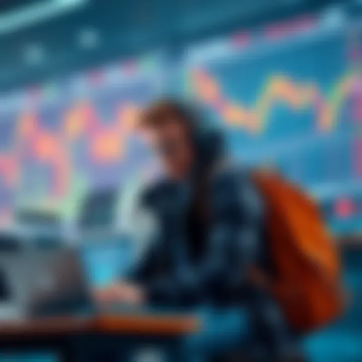 A bullish backpack trader examining market data on a laptop with trading charts in the background.