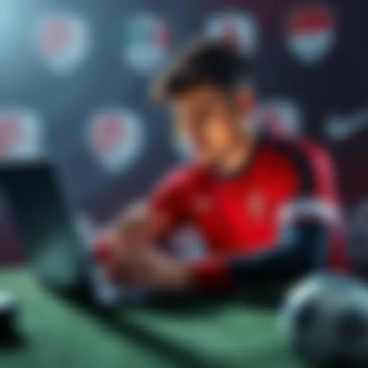 A soccer player analyzing trade statistics on a laptop, with Bundesliga logos in the background
