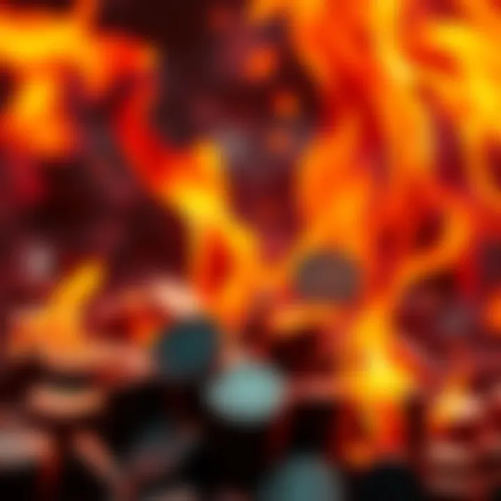 A visual representation of HSUITE tokens burning, illustrating their decrease in quantity, with flames symbolizing the burning process and market fluctuation.