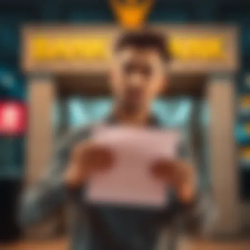 An Australian business owner looks stressed while holding a document in front of a bank, symbolizing challenges in opening a business account for a crypto exchange.