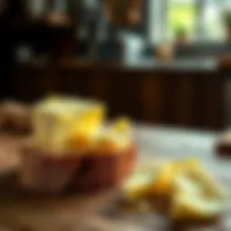 A close-up of creamy butter spread on bread, showcasing its texture and richness, with a rustic kitchen background.