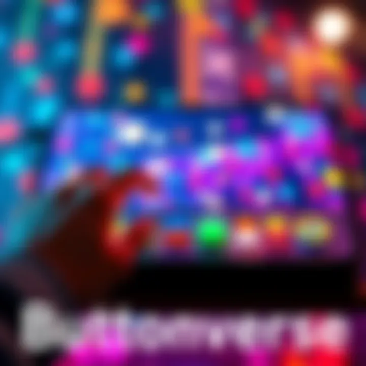 A person tapping a colorful button on a screen in Buttonverse game