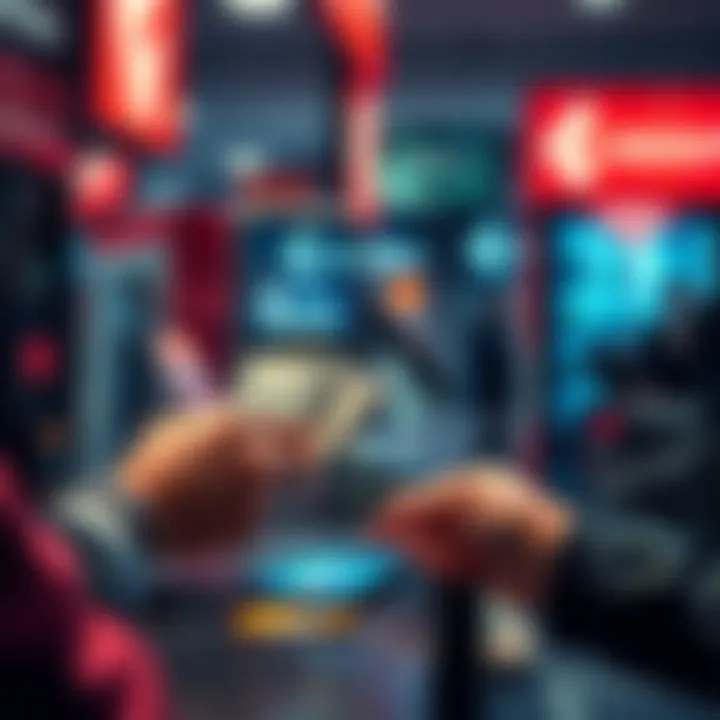 A person handing cash to a cashier while looking at a Monero logo on a phone