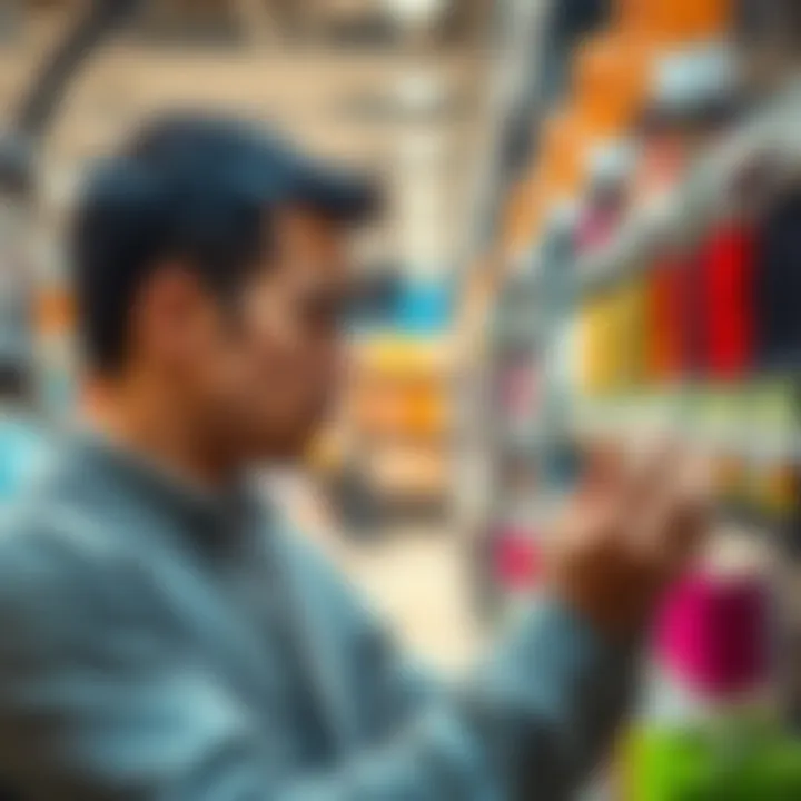 Concerned buyer examining expensive price tags in a shop, showing frustration over high costs