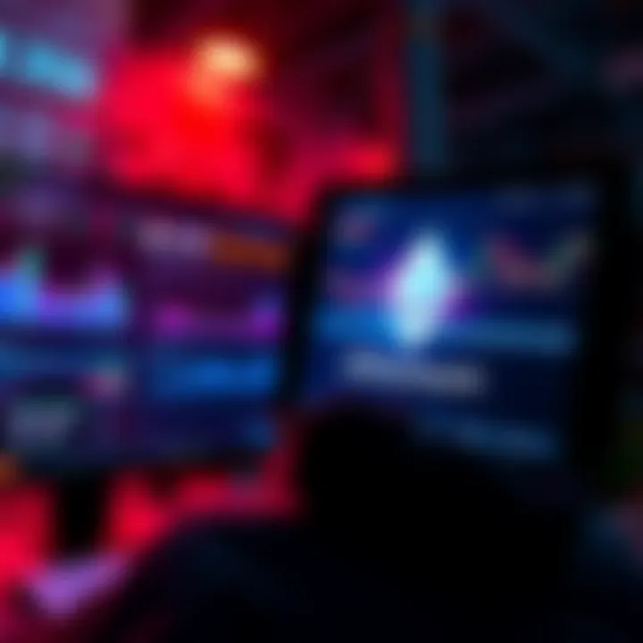 A person looking at a computer screen displaying Ethereum prices, with graphs and charts showing market trends