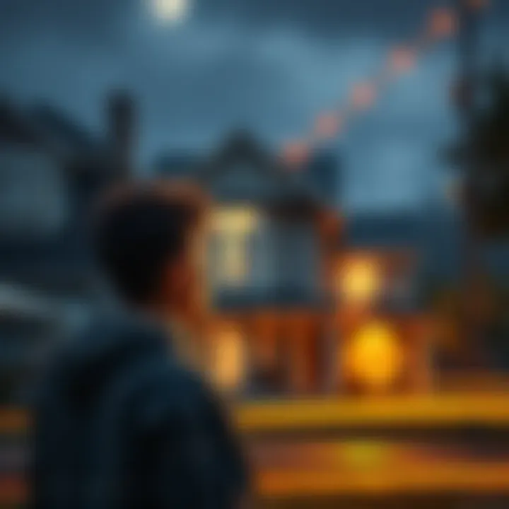 A young person looking at a house with cryptocurrency symbols like ETH, SOL, and XRP in the background