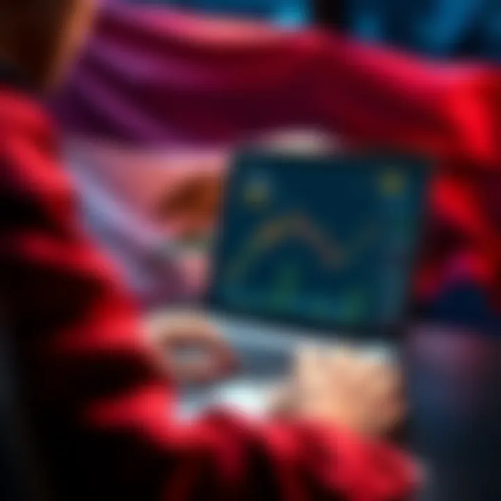 A person using a laptop to access a cryptocurrency exchange, with mid-cap alt-coins displayed on the screen and a California flag in the background.