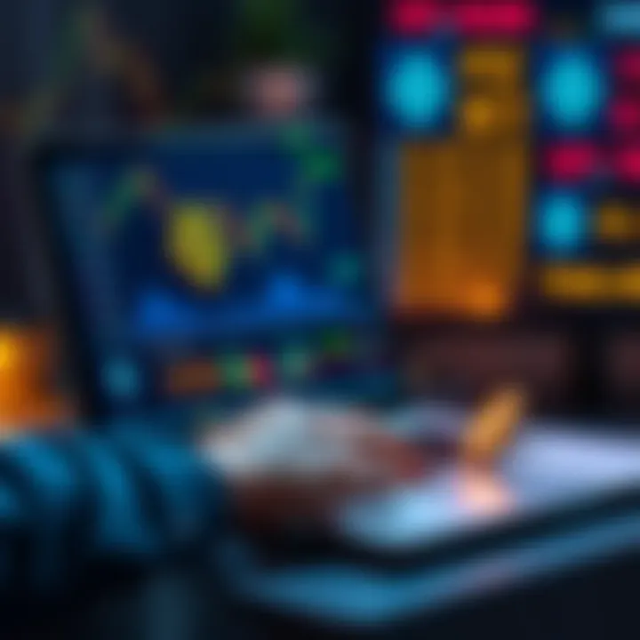 A person analyzing price charts and graphs related to ATOM cryptocurrency on a laptop, with a background of coins and staking options.