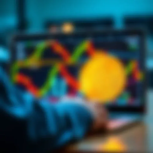 A person making a Bitcoin purchase on a laptop with charts on the screen