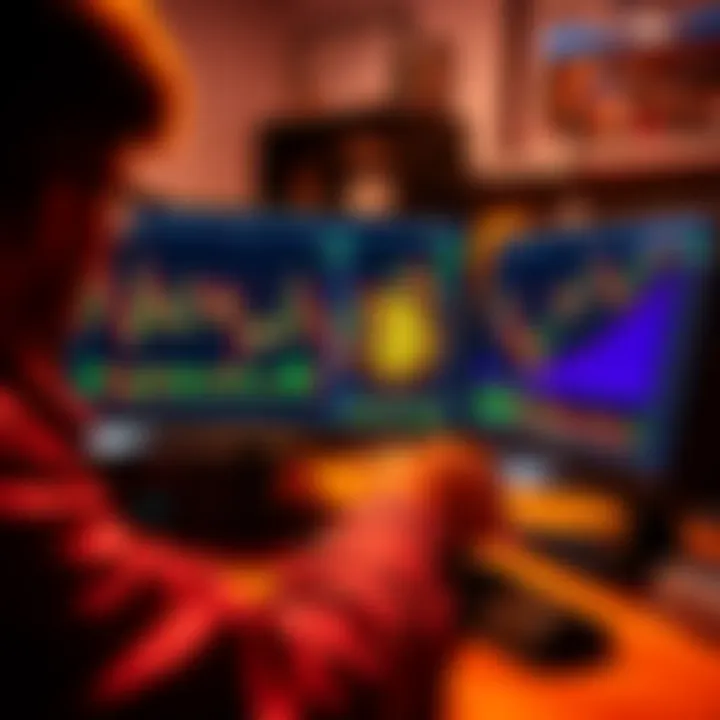 A person using a computer to set up automatic Bitcoin purchases with financial charts on the screen