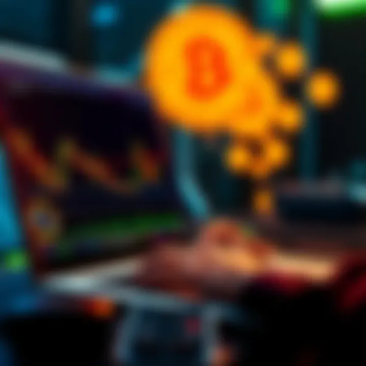 A person using a laptop to buy Bitcoin on an exchange site with charts and Bitcoin symbols displayed