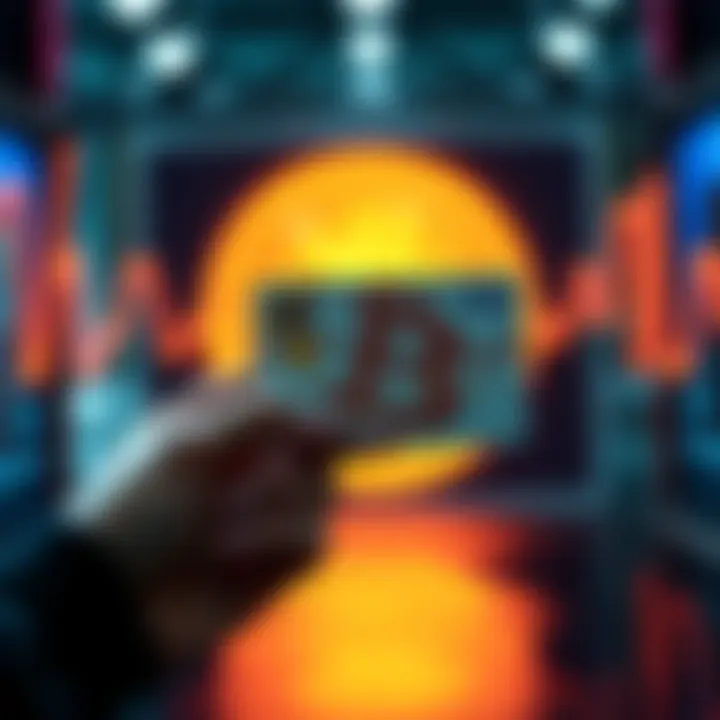 A person holding a prepaid Visa card with a Bitcoin symbol in the background