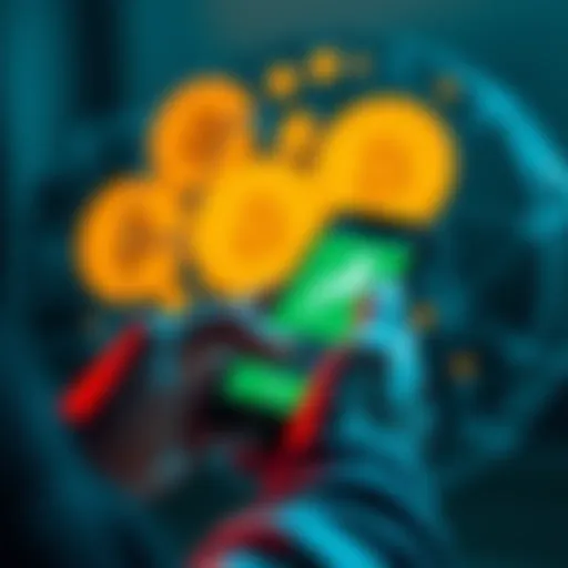 A person using a smartphone to purchase Bitcoin on the Robinhood app, with Bitcoin symbols in the background