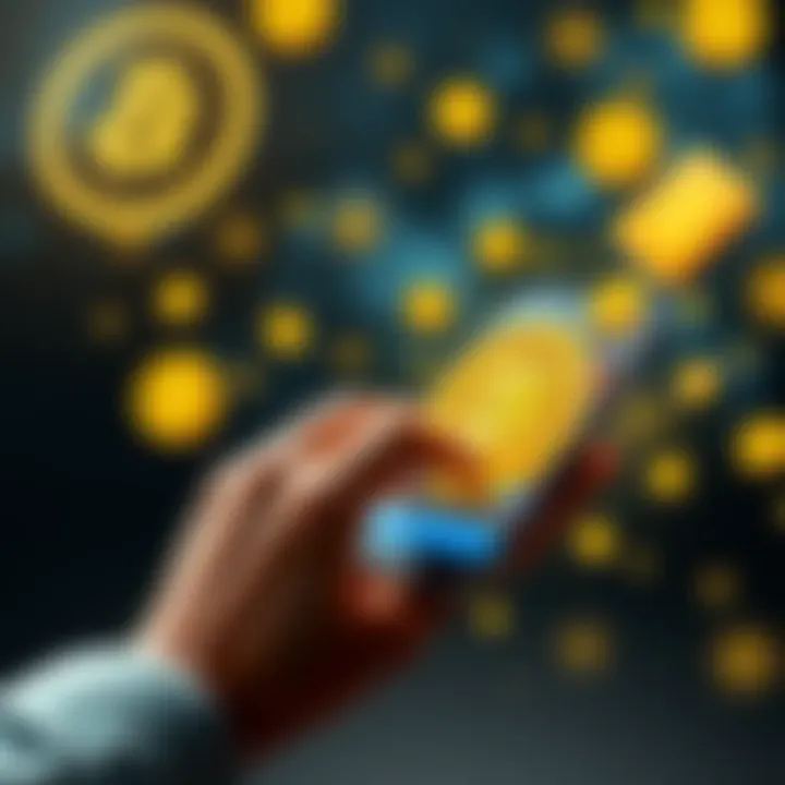 A person using a smartphone to buy Bitcoin with secure payment methods, surrounded by digital currency symbols