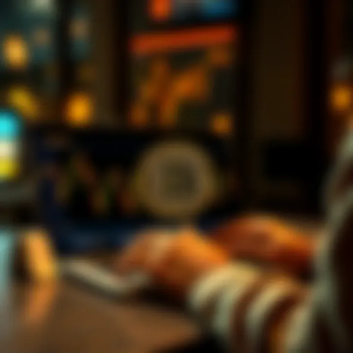 A person using a laptop to find exchanges for purchasing Bitcoin SV, with cryptocurrency symbols on the screen.
