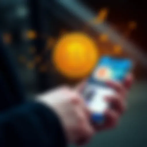 A person using a smartphone to buy Bitcoin through a mobile app, with a wallet graphic in the background