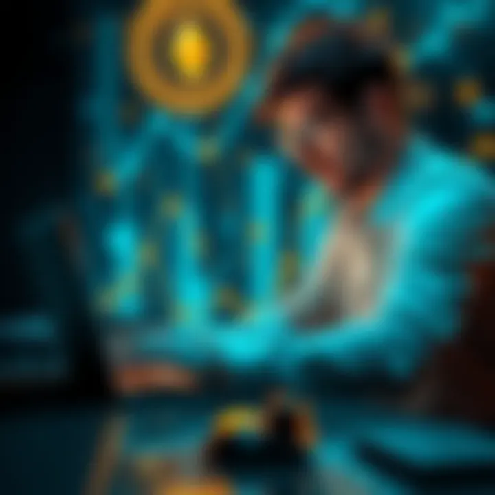 A person working on a laptop while exploring options to buy Monero privately, with cryptocurrency icons in the background.