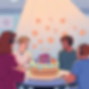 A colorful illustration showing people discussing Cake NFTs, with digital art depicting cake slices and blockchain icons.