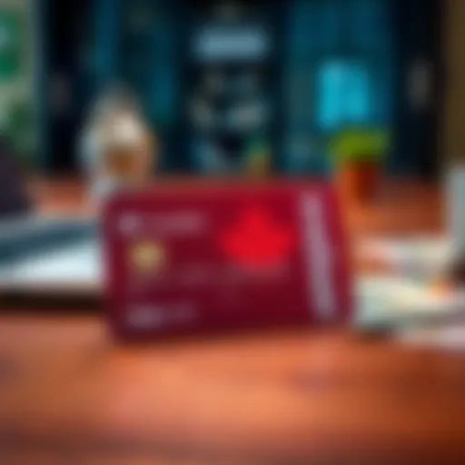 A Canadian Visa card displayed on a wooden table with a laptop and some currency next to it.
