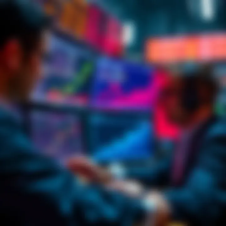 Traders analyzing data on Canadian XRP ETFs on their trading screens with graphs showing growth in volume.