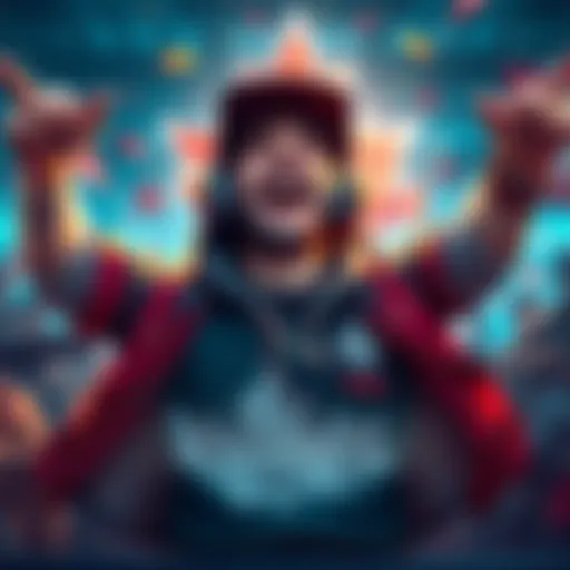 A Canadian player rejoicing after winning in a mini game, surrounded by game elements like warships and rankings.