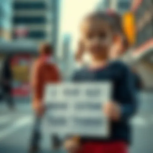 A 12-year-old girl from Canada stands confidently with a sign about the banking system, encouraging critical thinking.