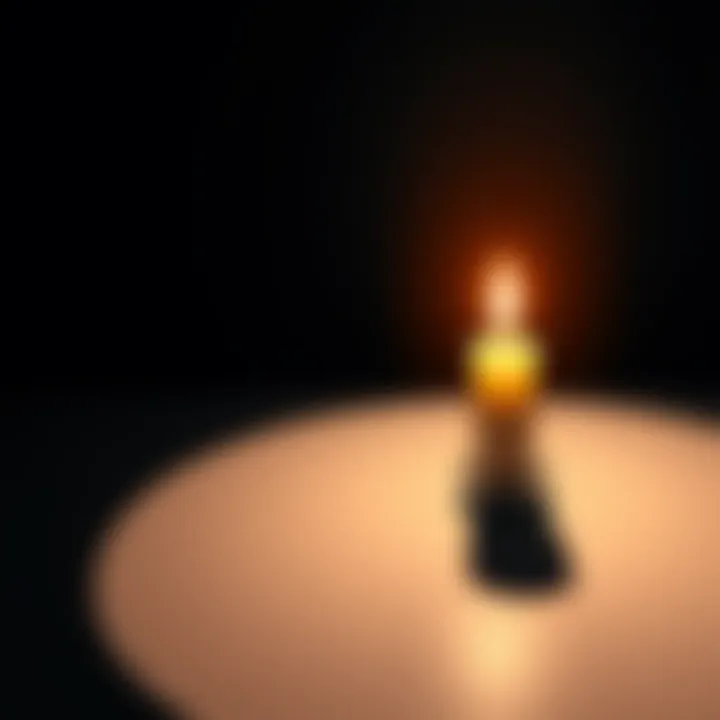 A lit candle casting a long shadow on a surface, showcasing the effects of its flickering flame and the surrounding conditions