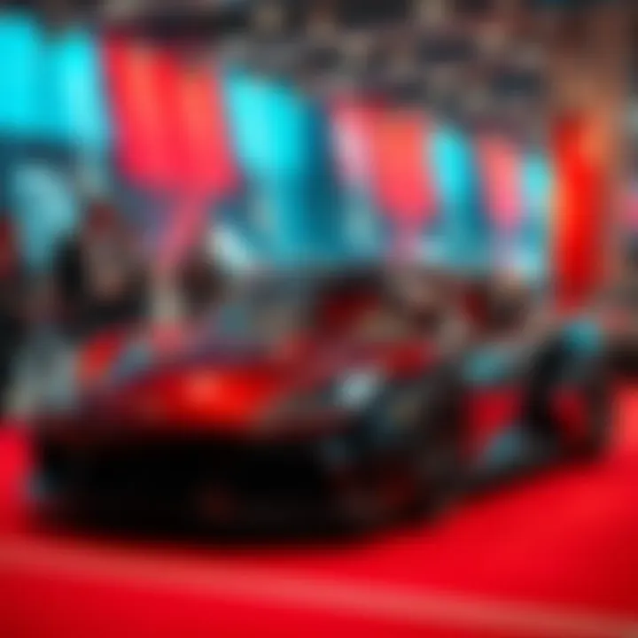 A luxurious sports car on display at an auction, with people observing the bidding process.