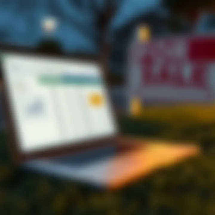 A laptop displaying an Excel spreadsheet with car maintenance data next to a car for sale sign.