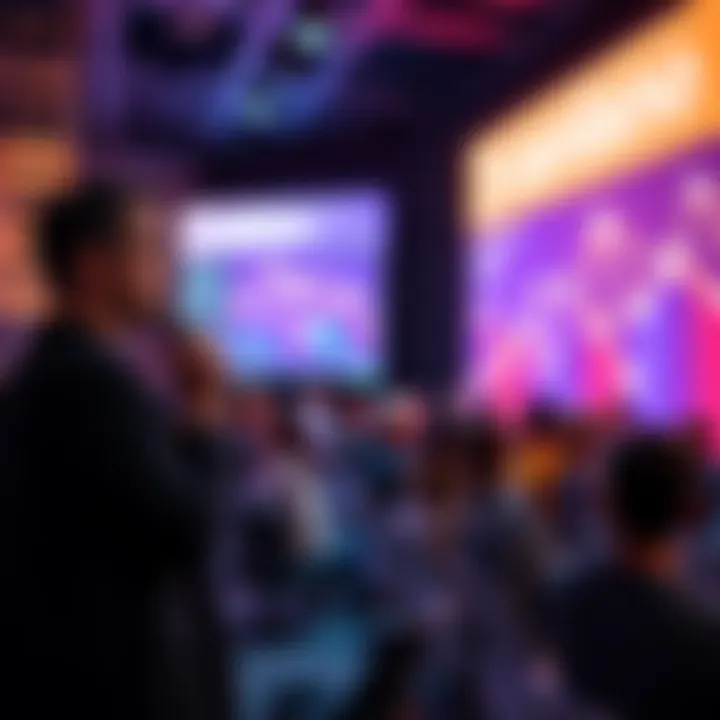Andrew Westberg speaking about Cardano at a tech event, with a presentation screen in the background showing Cardano graphics.