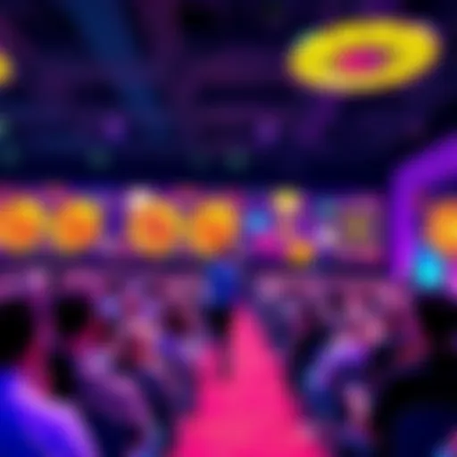A vibrant scene of Cardano's team presenting their decentralized finance solutions at the Bitcoin 2025 conference in Las Vegas, with a large audience engaged and various Bitcoin-related visuals in the background.