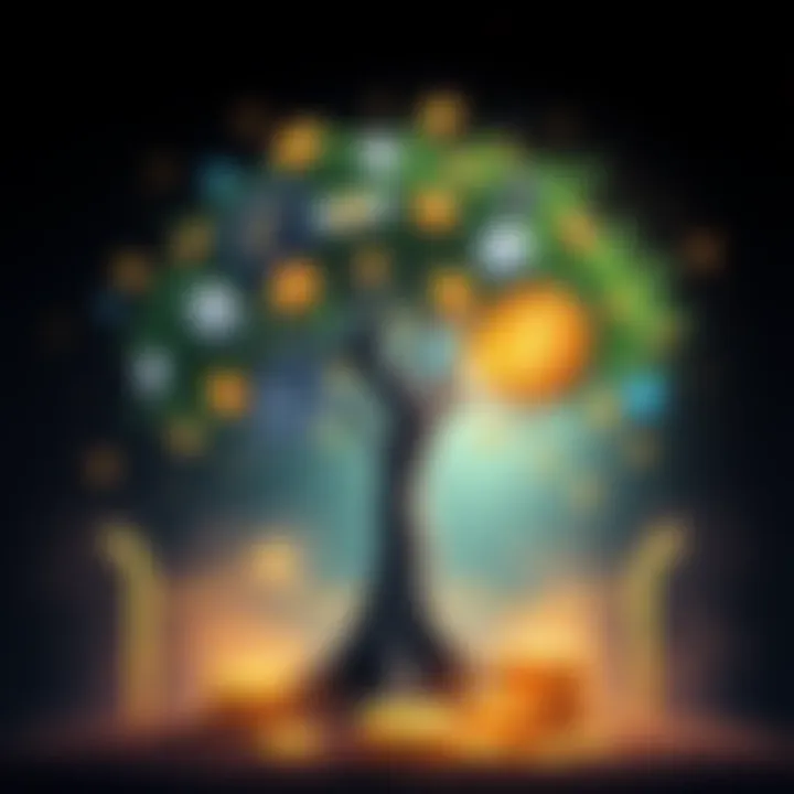 Illustration of a growing tree with coins and financial symbols, representing Cardano's new sovereign wealth fund strategy for community growth.