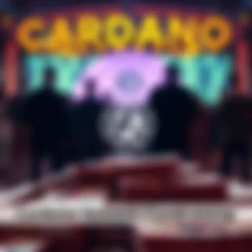 A visual representation of the Cardano Foundation's fundraising for a summit, showing a pile of cash and high ticket prices with concerned people in the background.