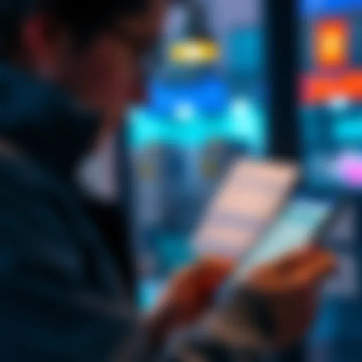 A person examining a bank statement while checking a cash deposit and refund status on a mobile app, with a visible Revolut logo.