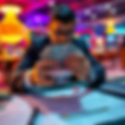 A person counting cash with a gambling game in the background and tax documents on the table.