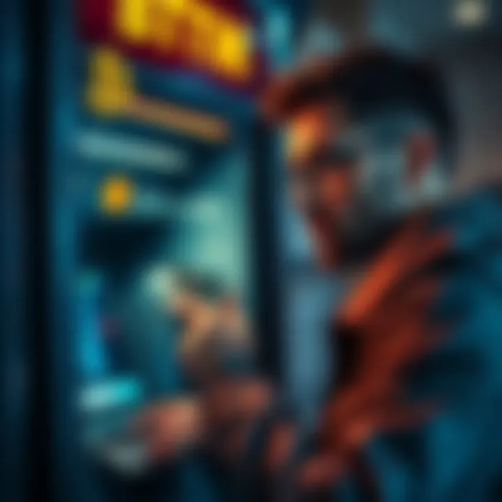 A person exchanging cash for Bitcoin at a private ATM, looking cautious and alert