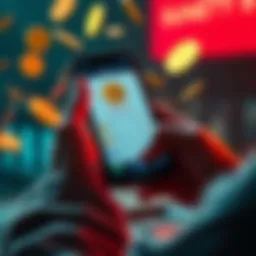 A person using a smartphone showing a memecoin wallet and transferring funds to an exchange, with currency symbols around