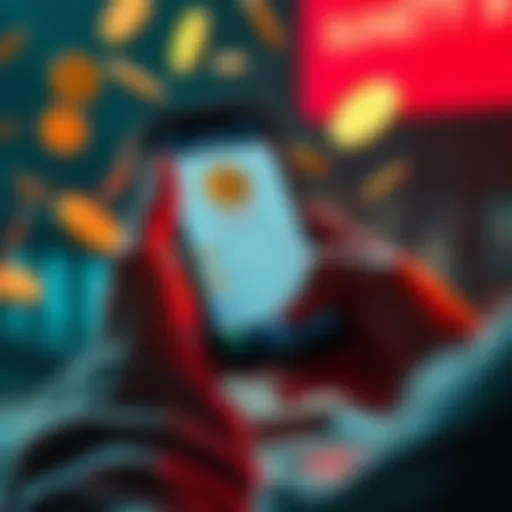 A person using a smartphone showing a memecoin wallet and transferring funds to an exchange, with currency symbols around