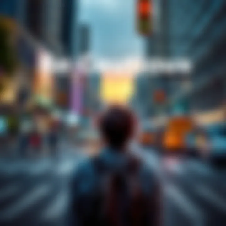 A person standing at a crosswalk, observing traffic and pedestrians, emphasizing the need for caution in daily life