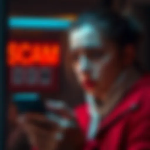 A person looking worried while checking their phone, representing online scam victims.