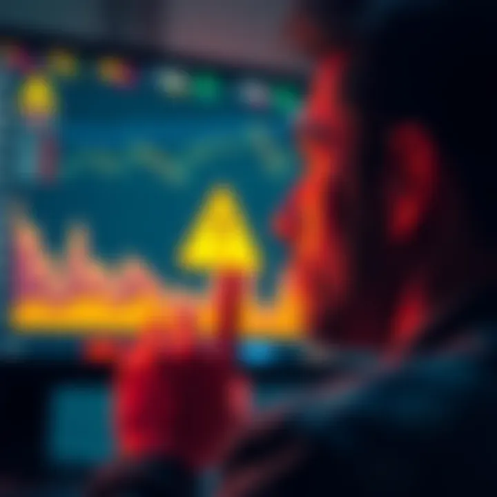 A person looking at a screen displaying cryptocurrency prices with a warning symbol, representing caution in trading.