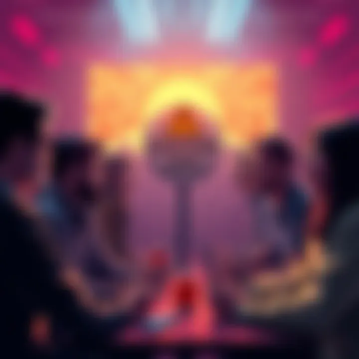 A group of people engaging in a cryptocurrency discussion, with a warning sign symbolizing caution against misinformation and scams.