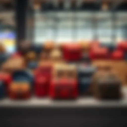 Different styles and colors of caw bags displayed on a table for selection