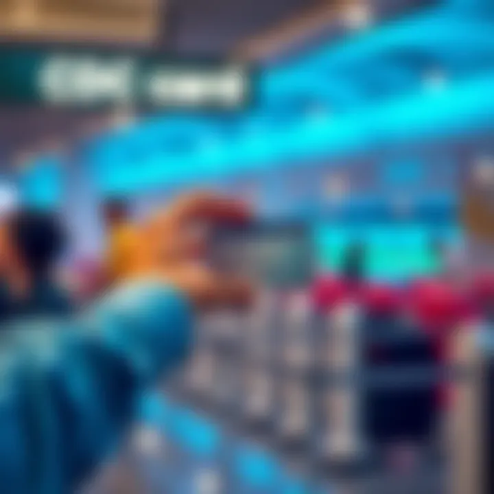 A person showing a CDC card at an airport lounge entrance